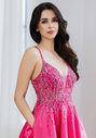 Abendkleid aus Mikado mit Strassbesatz in Geranium Pink