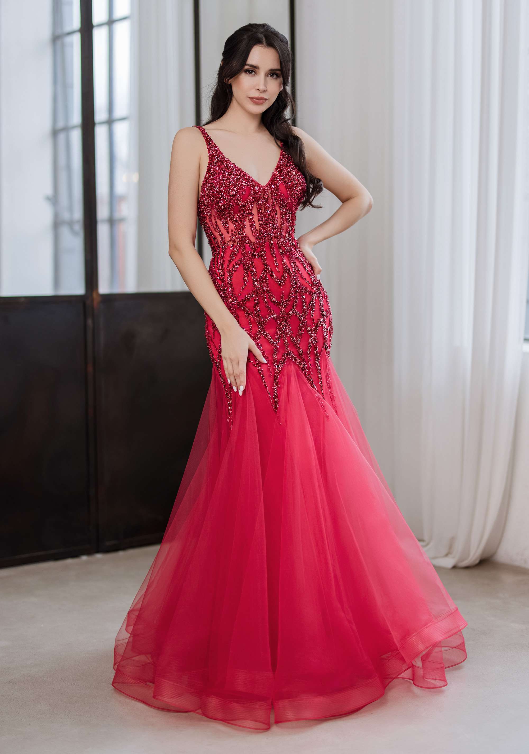 Tulle evening dress with elaborate cherry red embellishment Christian