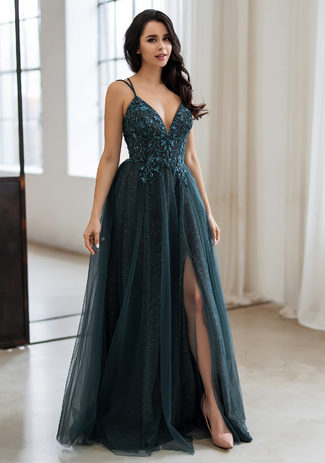 Abito da sera glitter con tulle e allacciatura posteriore in Glitter Botanical