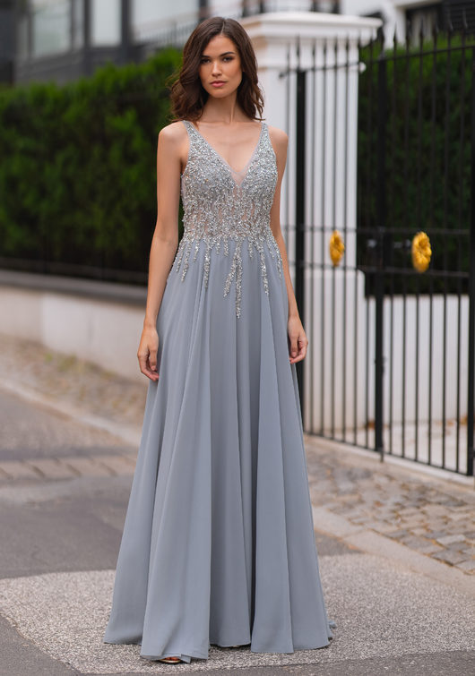 Chiffon evening dress with rhinestones in Ghost Gray
