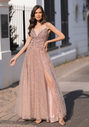 Abito da sera glitter con tulle e allacciatura posteriore in glitter rosa
