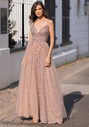 Abito da sera glitter con tulle e allacciatura posteriore in glitter rosa