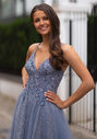 Vestido de noche brillante con tul y lazada en la espalda en glitter vintage