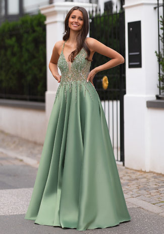 Abito da sera realizzato in mikado con strass in Moonlight Jade