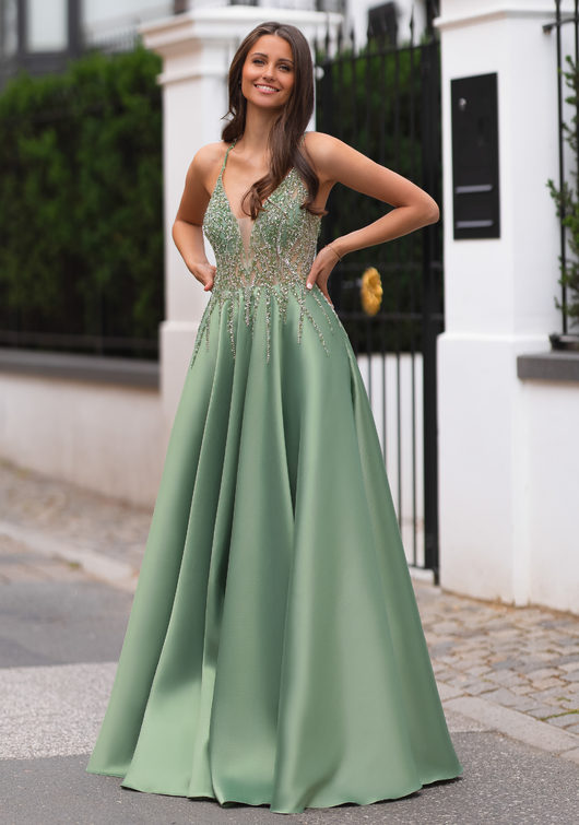 Abendkleid aus Mikado mit Strassbesatz in Moonlight Jade