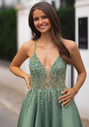 Abendkleid aus Mikado mit Strassbesatz in Moonlight Jade