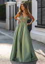 Abendkleid aus Mikado mit Strassbesatz in Moonlight Jade