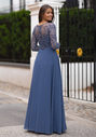 Evening dress with sleeves and lace applications in indigo gray