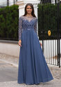 Evening dress with sleeves and lace appliques in vintage indigo