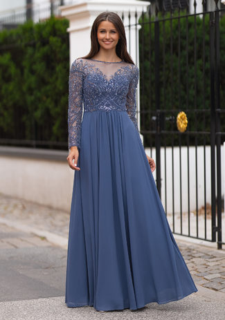 Evening dress with sleeves and lace applications in indigo gray