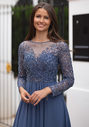 Evening dress with sleeves and lace applications in indigo gray
