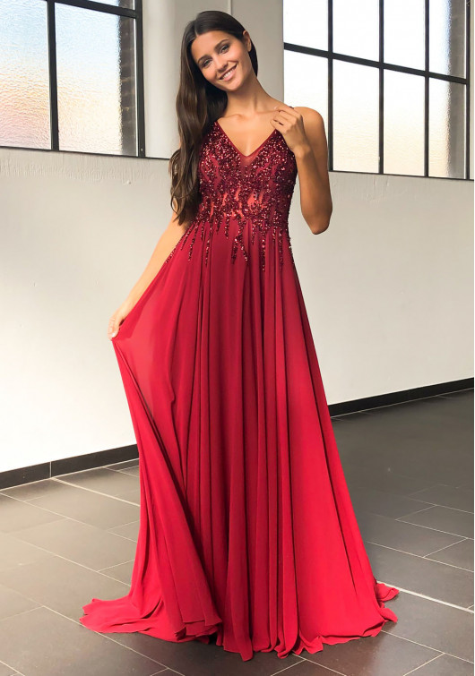 Chiffon Abendkleid mit Strass-Verzierungen in Rio Red