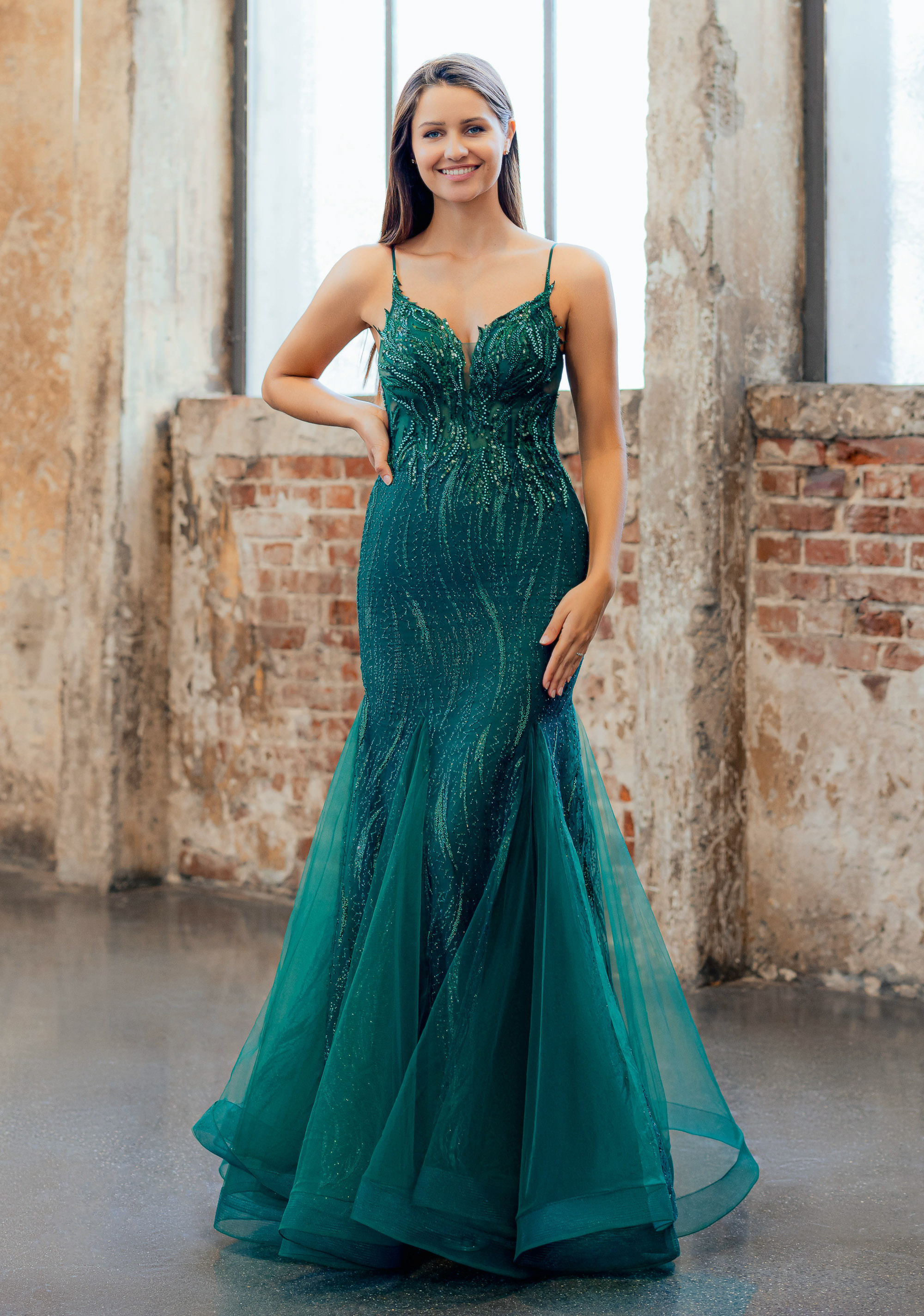 Tulle evening dress in botanical green Christian Koehlert