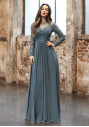 Evening dress with sleeves and lace appliqués in Moonlight Jade