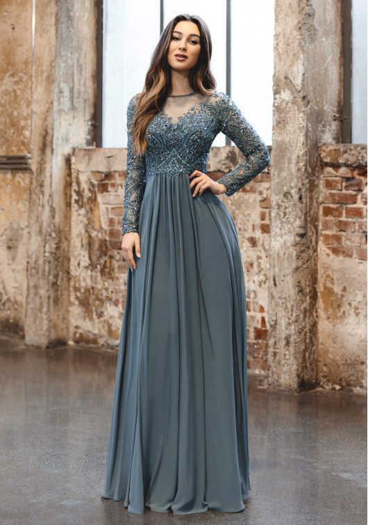 Abendkleid mit Ärmeln und Spitzenapplikationen in Moonlight Jade