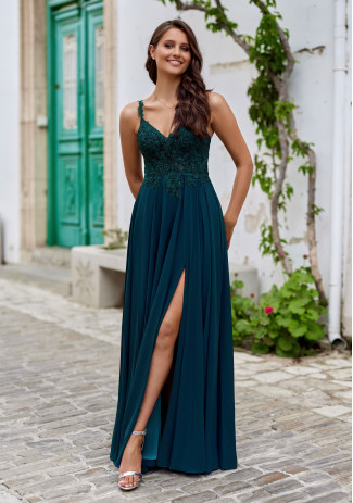 Flowing evening dress with rhinestone applications in botanical green