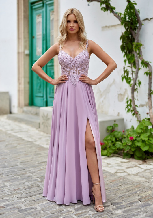 Flowing evening dress with rhinestone applications in lavender snow