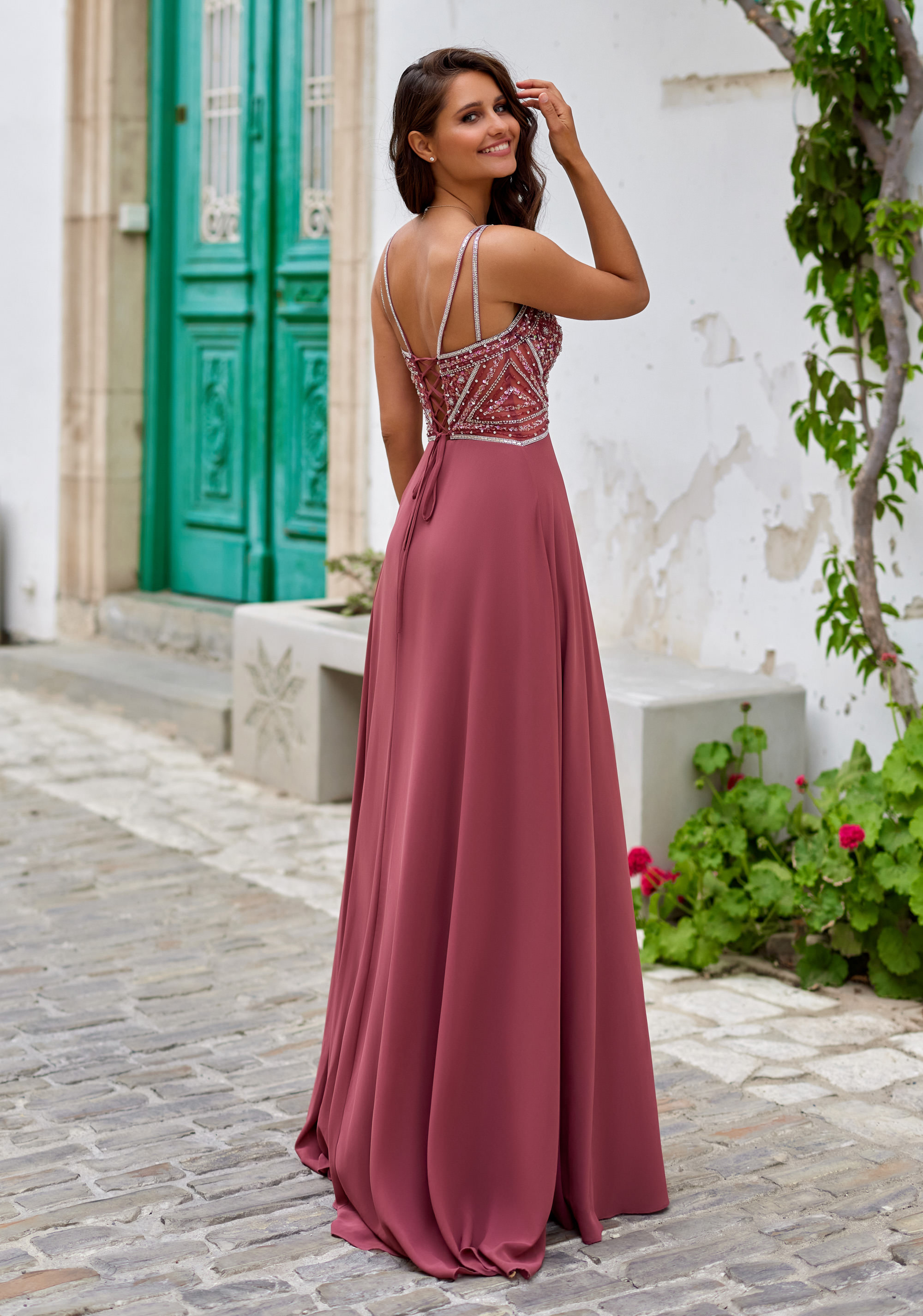 Chiffon Abendkleid mit Schnürung in Marsala Red Christian Koehlert