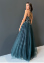 Evening dress made of tulle with rhinestones in botanical green