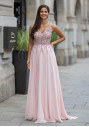 Robe de soirée en mousseline de soie avec strass en rose perle