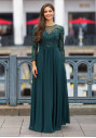 Evening dress with sleeves and lace appliqués in botanical green