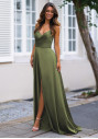 Olive green satin evening dress