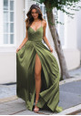 Olive green satin evening dress