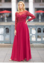Evening dress with sleeves and lace appliqués in Rio Red