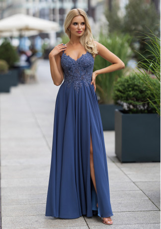 Flowing evening dress with rhinestone appliqués in vintage indigo