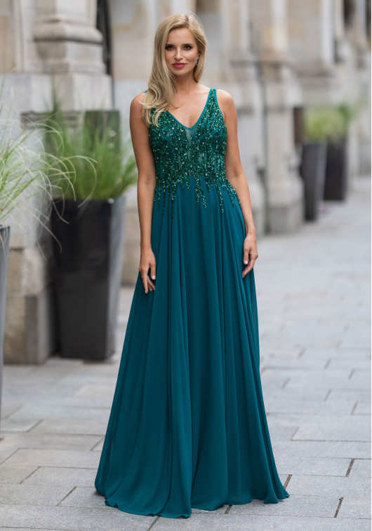 Abito da sera in chiffon con strass in verde mazzetto