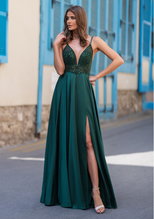 Satin evening dress with slim straps in Shining Posy