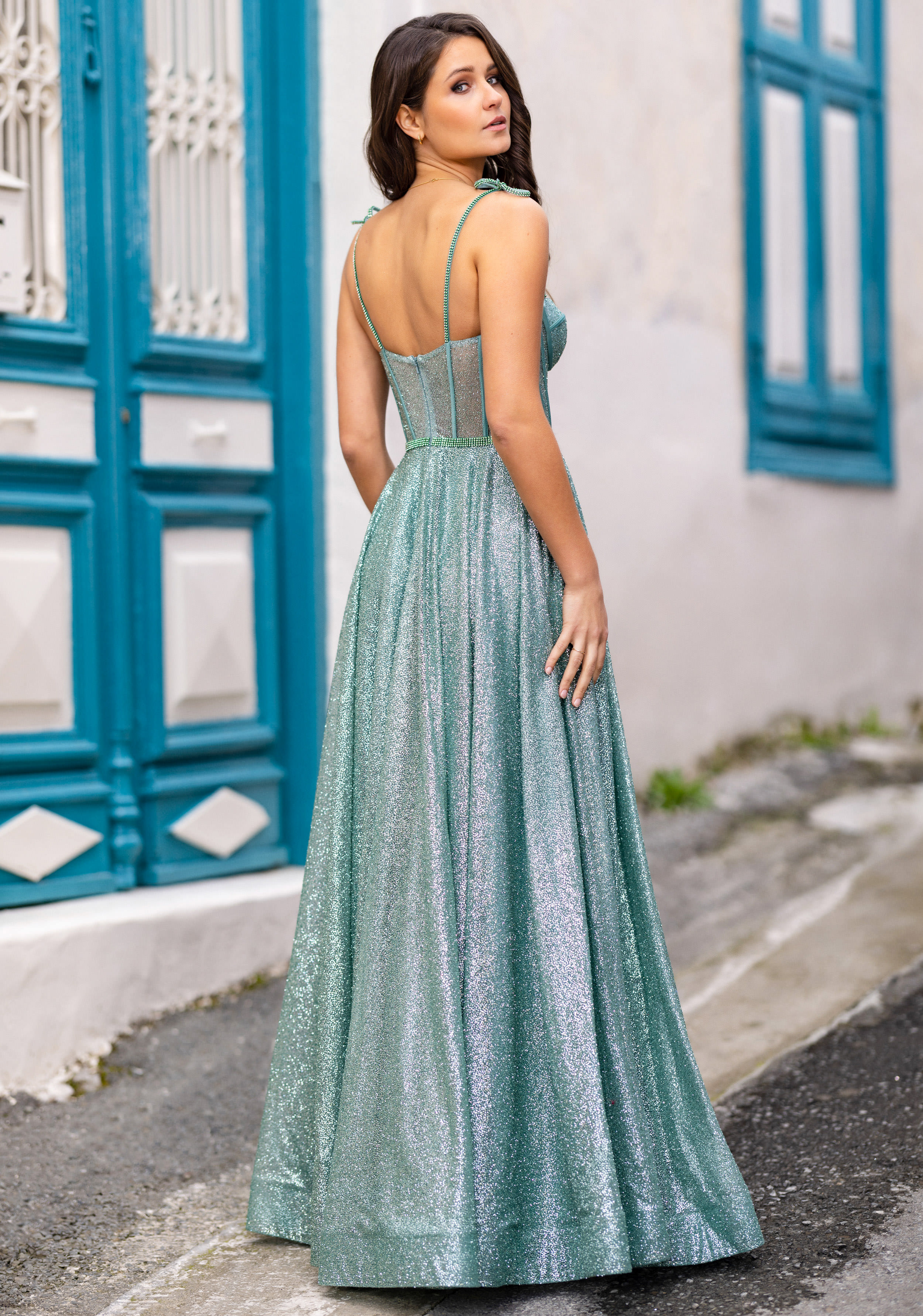 Sparkling evening dress in Glitter Moonlight Jade Christian Koehlert