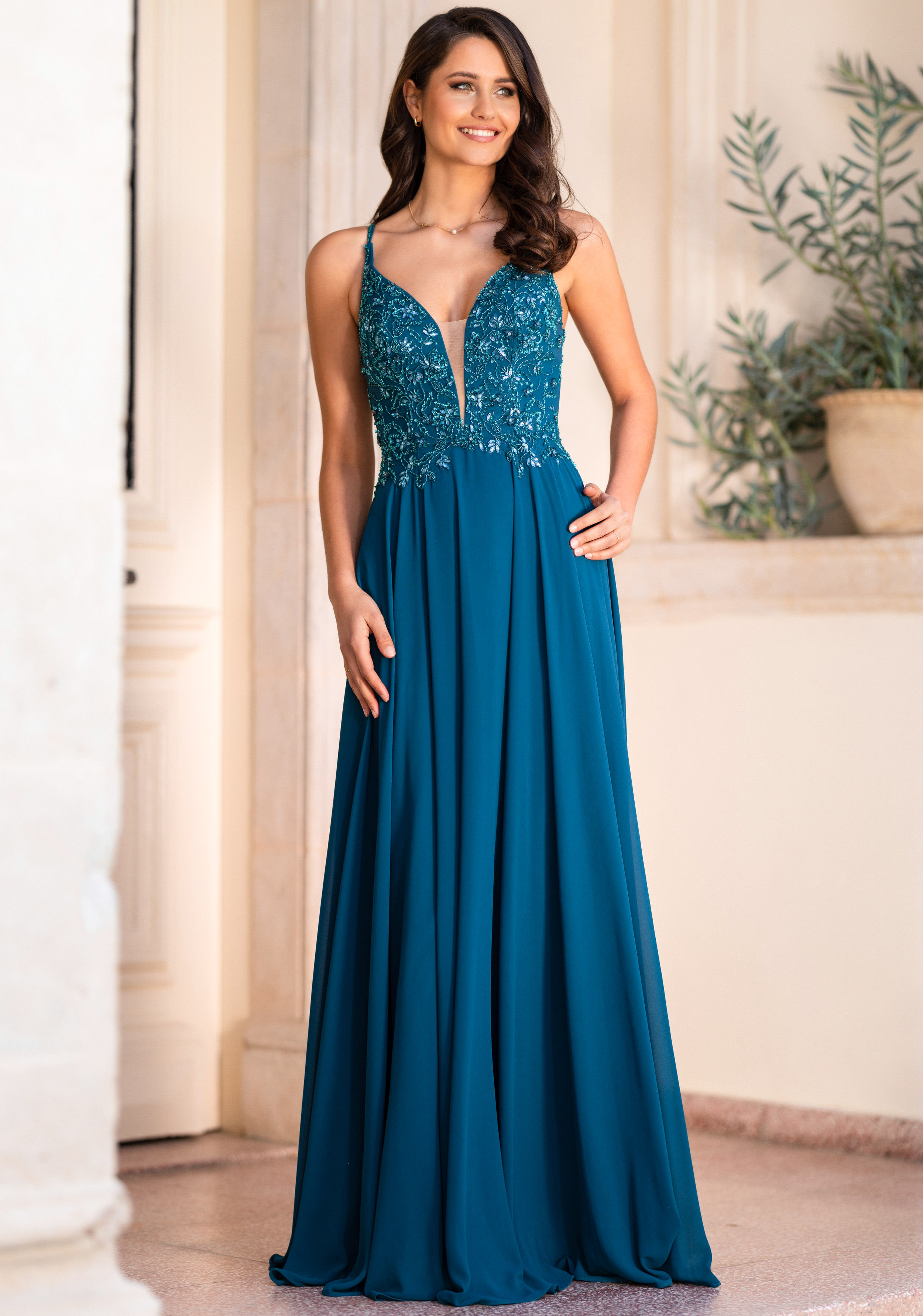 Sleek Fit Chiffon Evening Dress with Overlay Detail Peacock