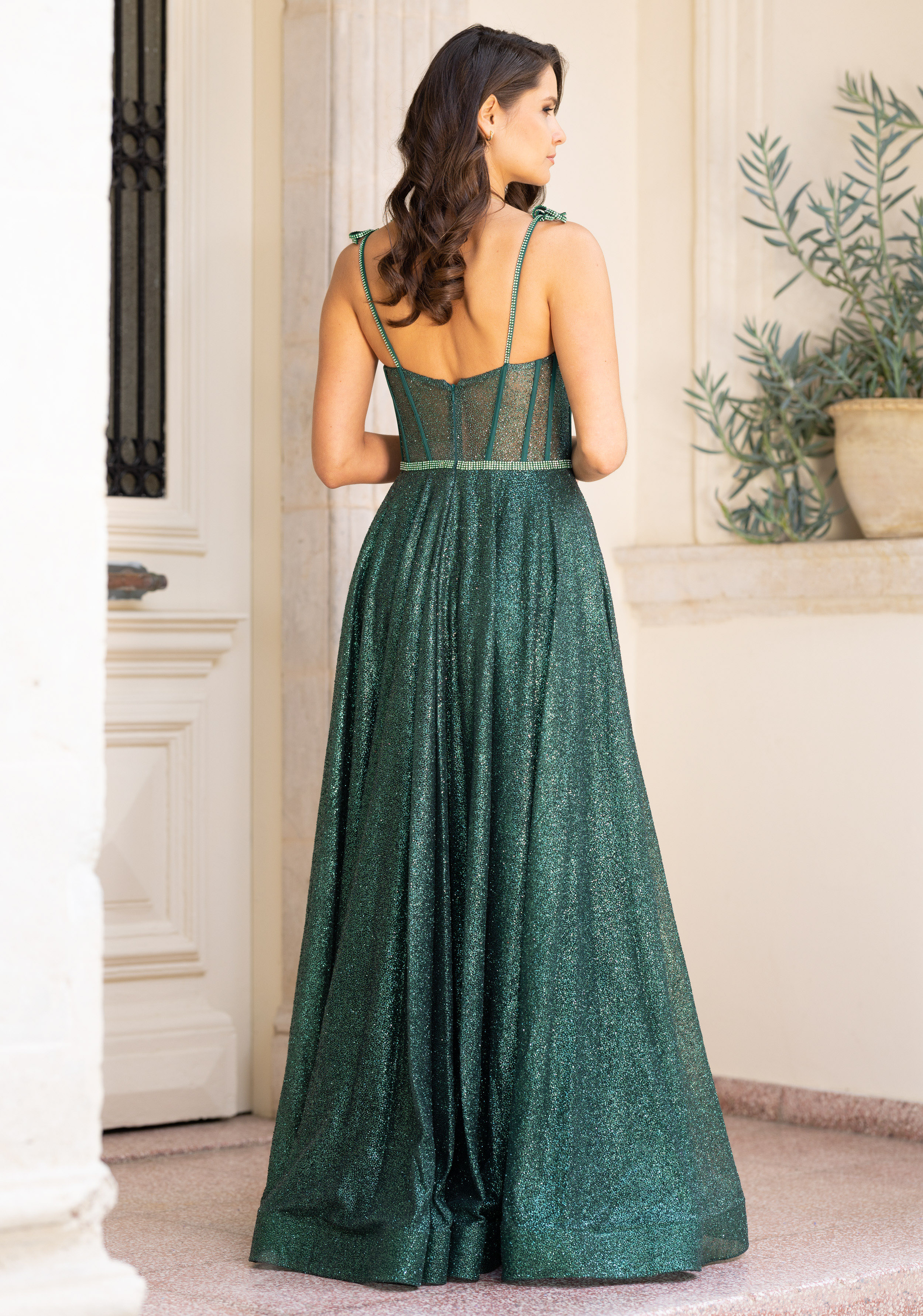 Sparkling evening dress in Glitter Botanical Green Christian Koehlert