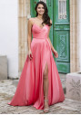 Strawberry pink satin evening dress