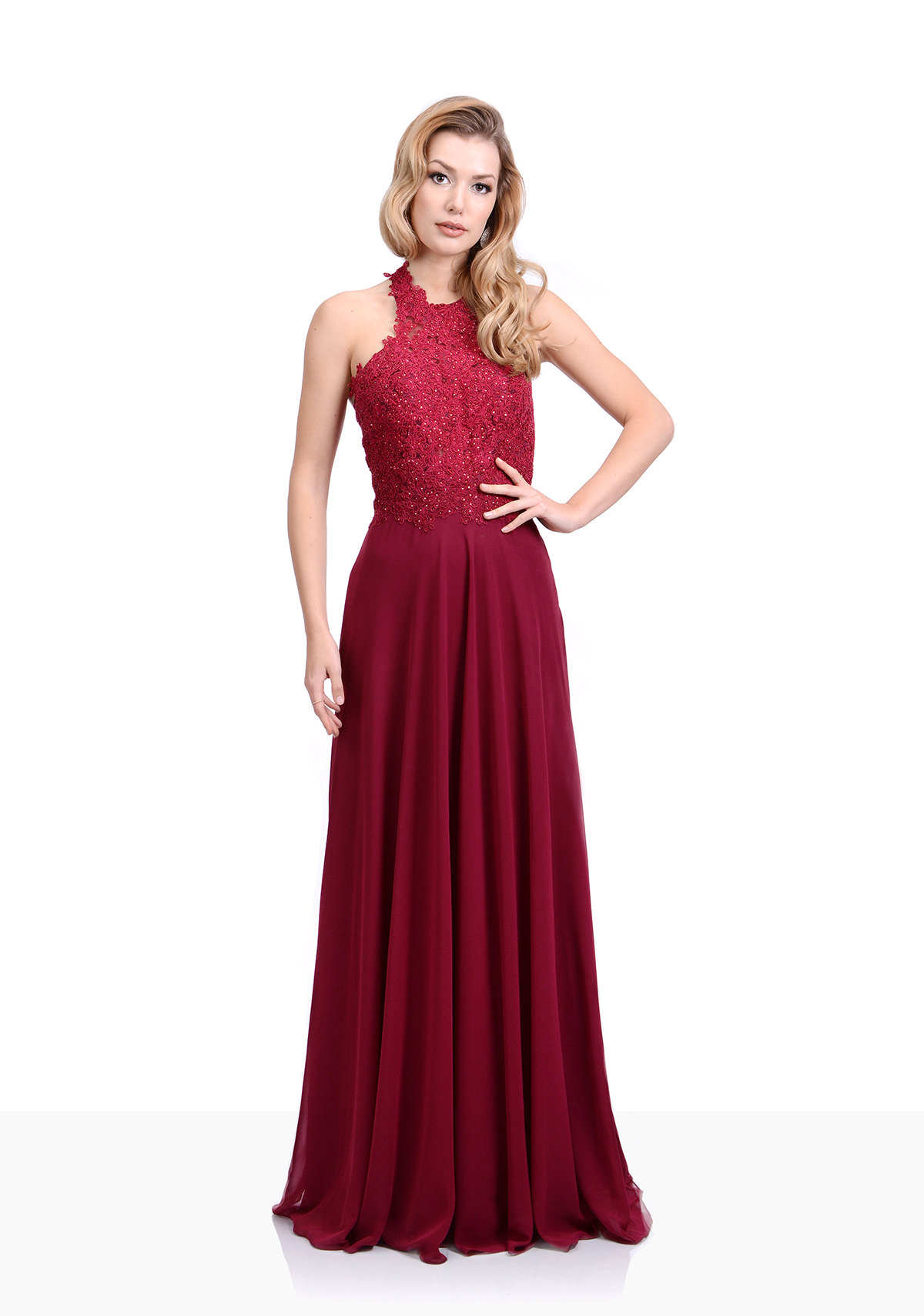 Chiffon Abendkleid mit Spitze in Rio Red - Christian Koehlert