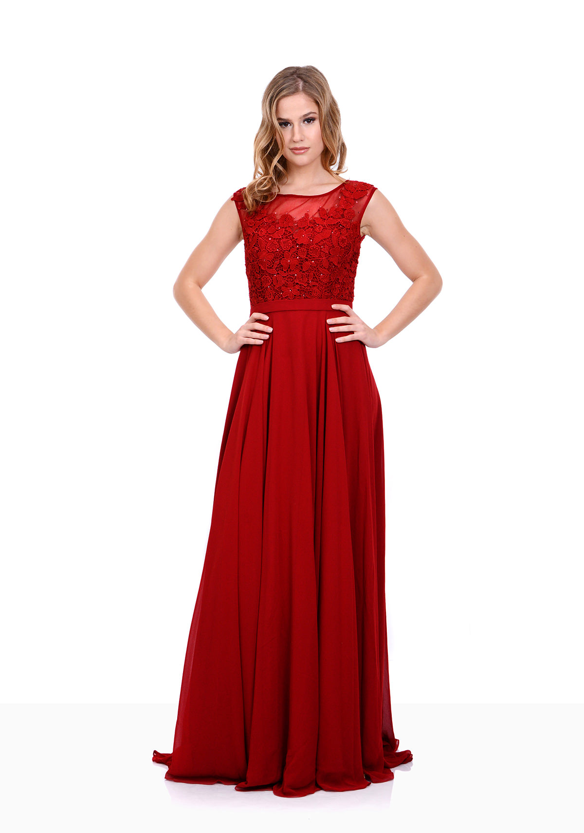Chiffon Abendkleid mit Spitze in Rio Red - Christian Koehlert