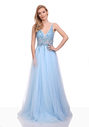 Evening dress made of tulle with rhinestones in aqua blue